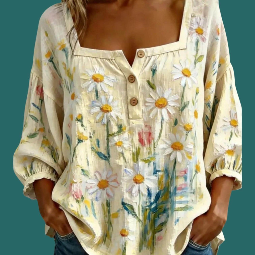 Boho Yellow Patchwork Floral Blouse — Loose Peasant Top | Women's Bohemian Shirt | XXL