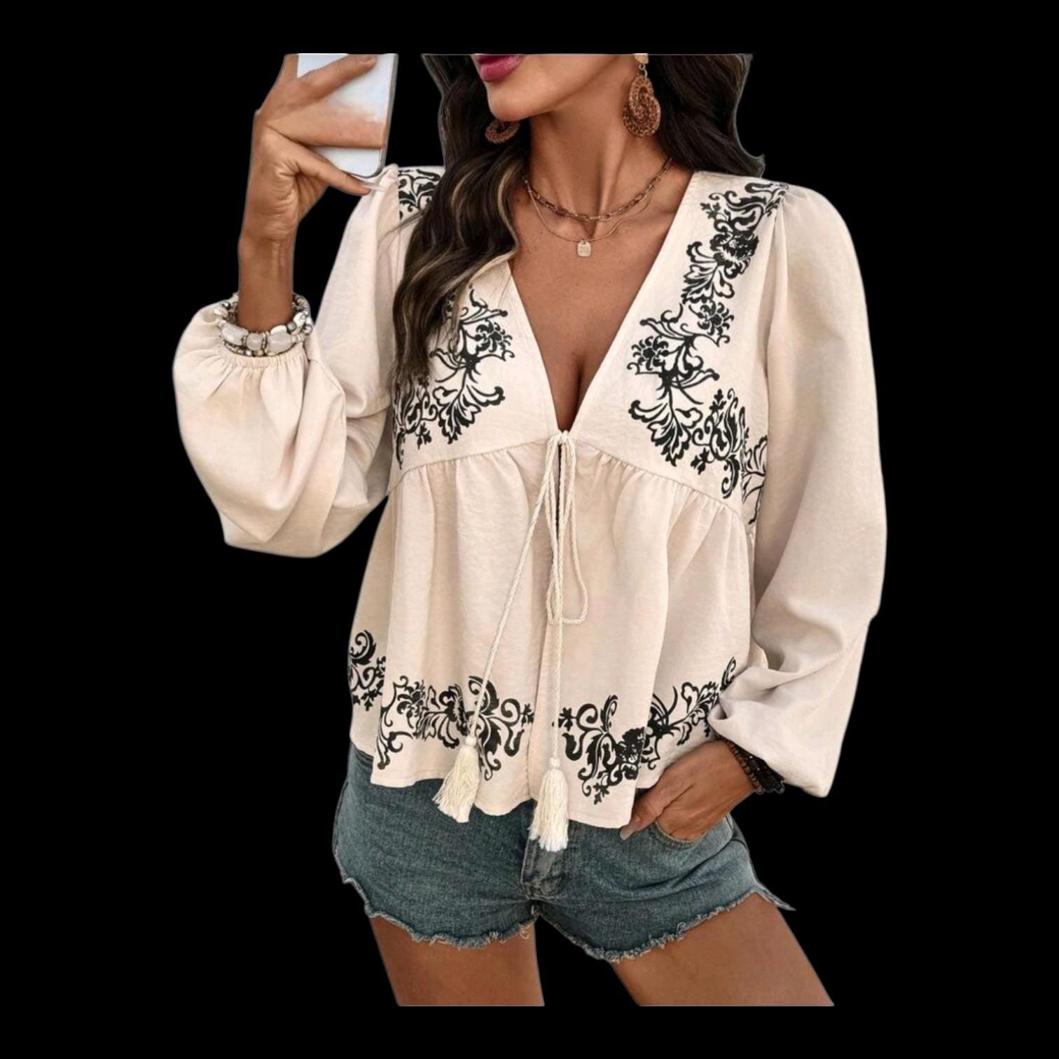 Women's Ivory & Black Boho Babydoll Top | Hippie Tassel V-Neck Blouse | Size L