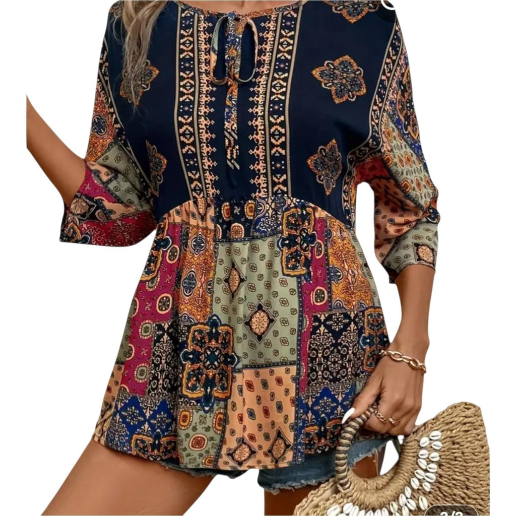Women's Boho Long Tunic Top | 70s Hippie Style Crew Neck with Ties – Size XXL