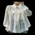 Bohemian White Cotton Blouse - One Size Button-Down Lapel Neck with Lace Detail