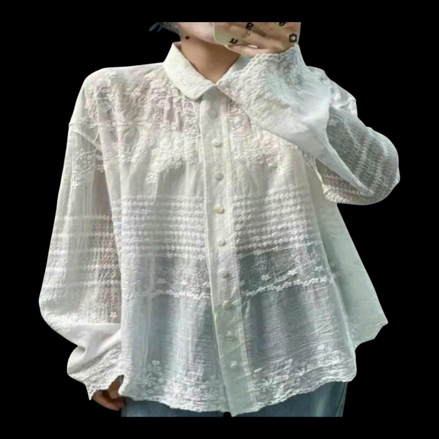 Bohemian White Cotton Blouse - One Size Button-Down Lapel Neck with Lace Detail