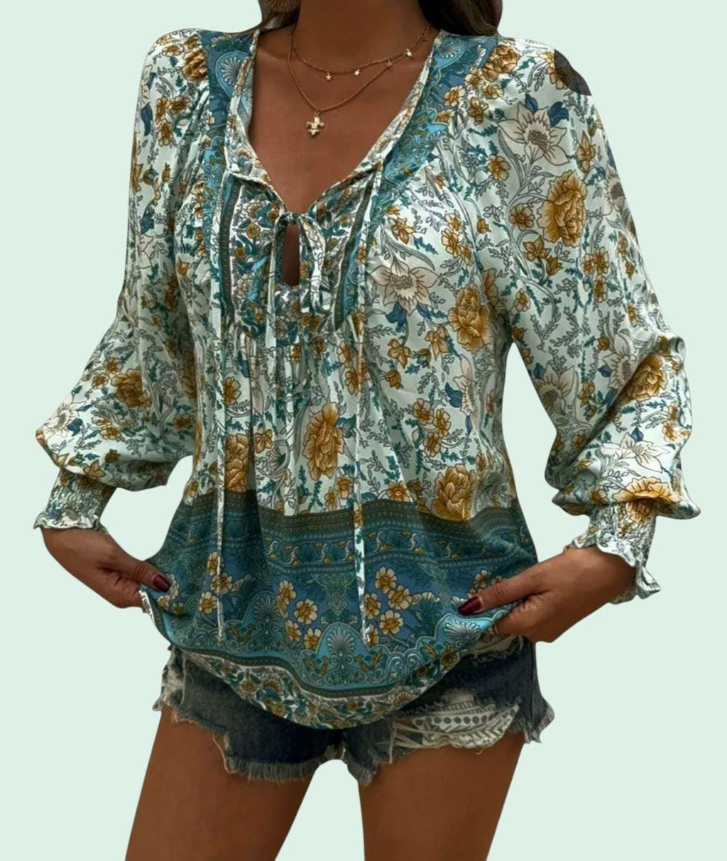 Boho Green Flowy Peasant Blouse – Hippie V-Neck with Ties – XL