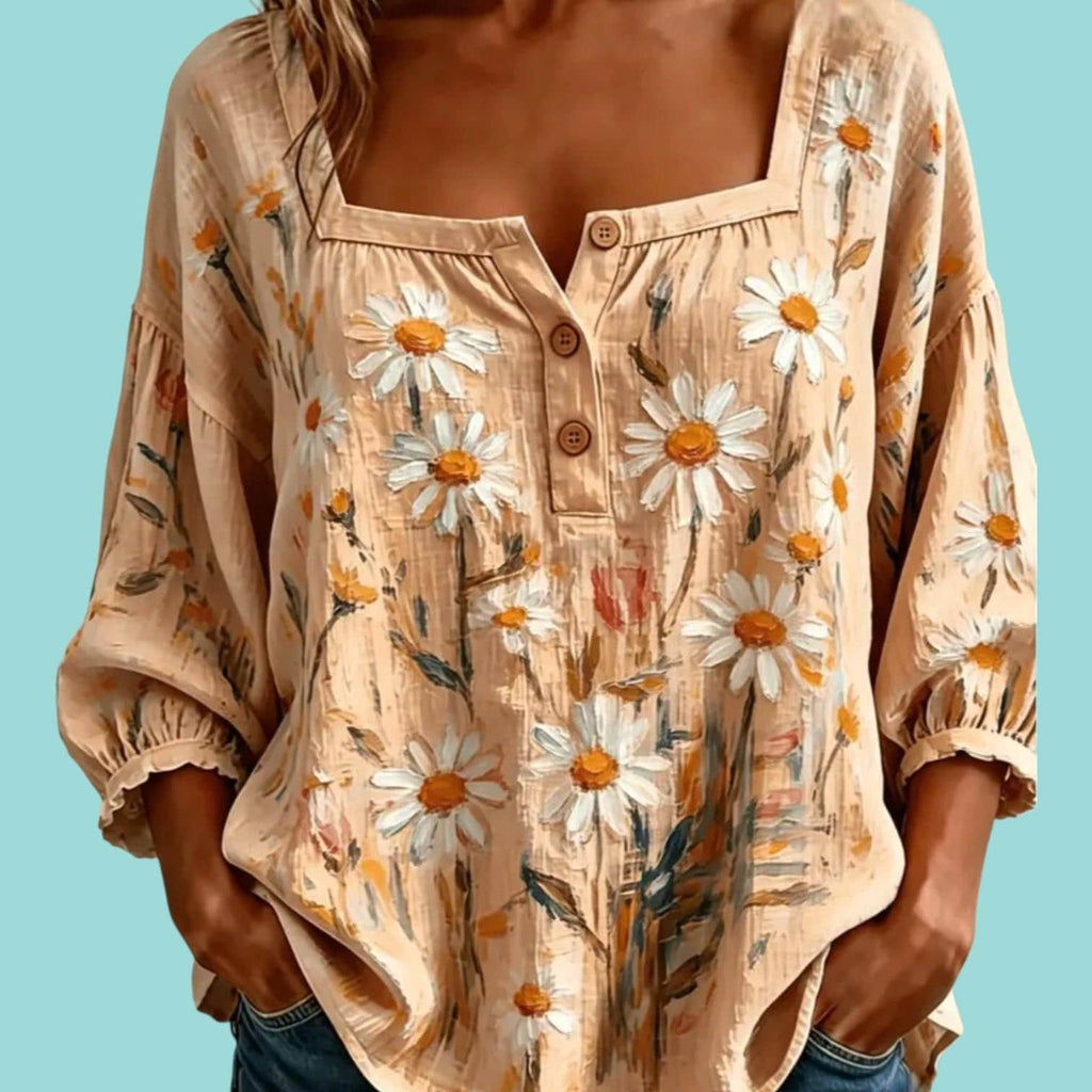 Boho Peach Daisy Patchwork Blouse | Loose Peasant Top | Women's Bohemian Shirt | XXL