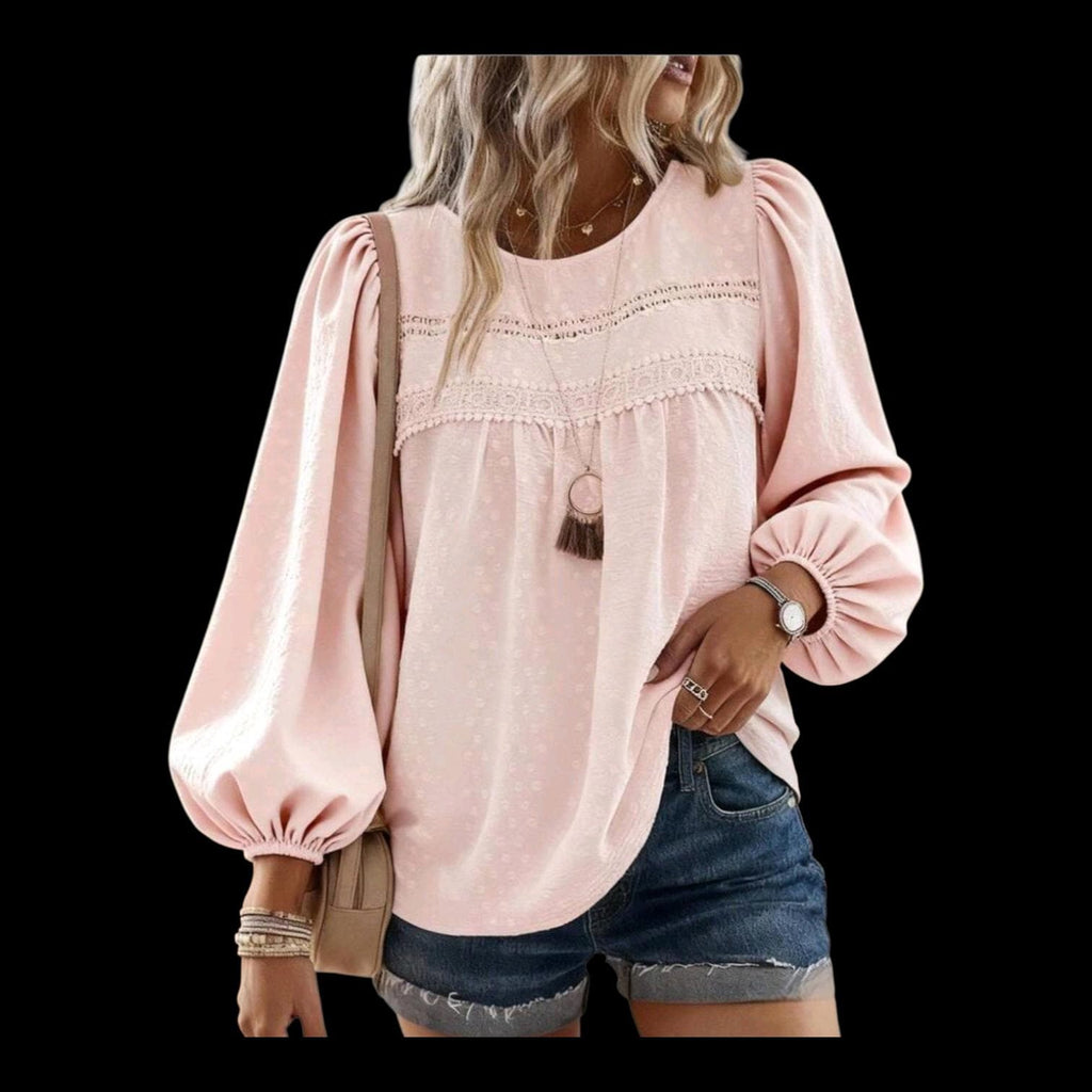 Bohemian Light Pink Blouse - Women's L Round Neck Long Sleeves with Lace Detail
