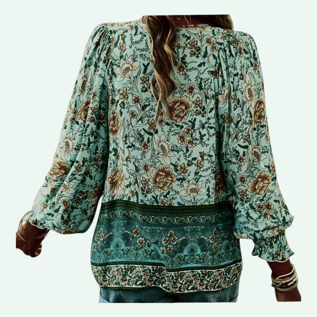 Women's Boho Green Floral Blouse | V-Neck Long Sleeve with Ties – Size L