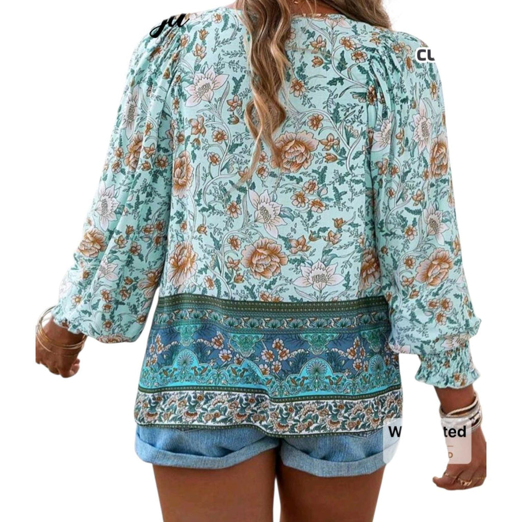 Bohemian Blue Blouse | V-Neck Lace-Up Long Sleeve Boho Top | Size Large