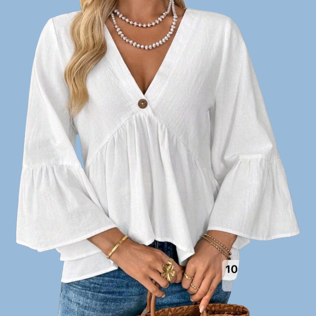 Boho 100% Cotton White V-Neck Flowy Top – Hippie Loose Fit – L