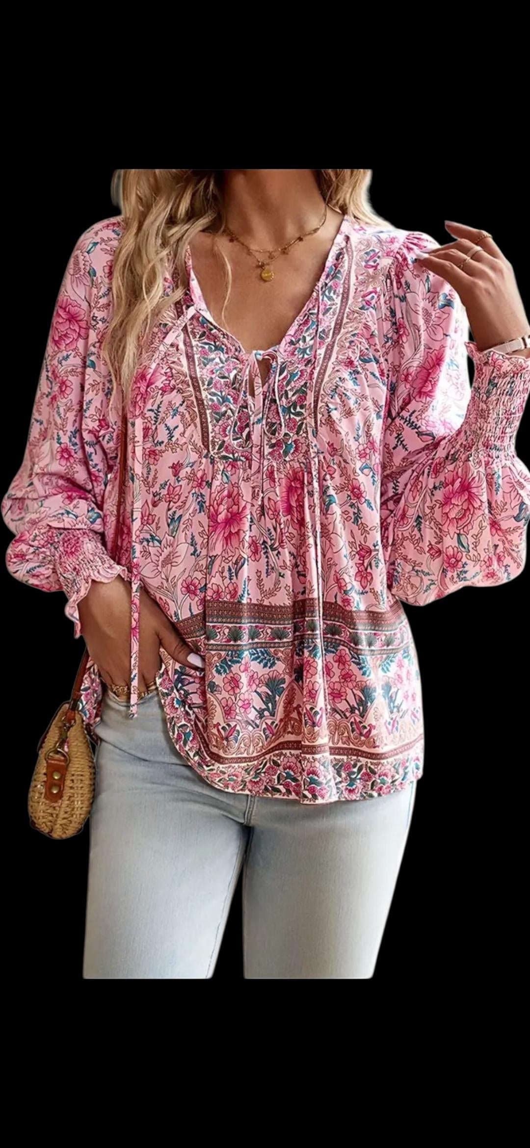 Women's Boho Pink Floral Tunic Top | Relaxed V-Neck Long Sleeve – Size XL