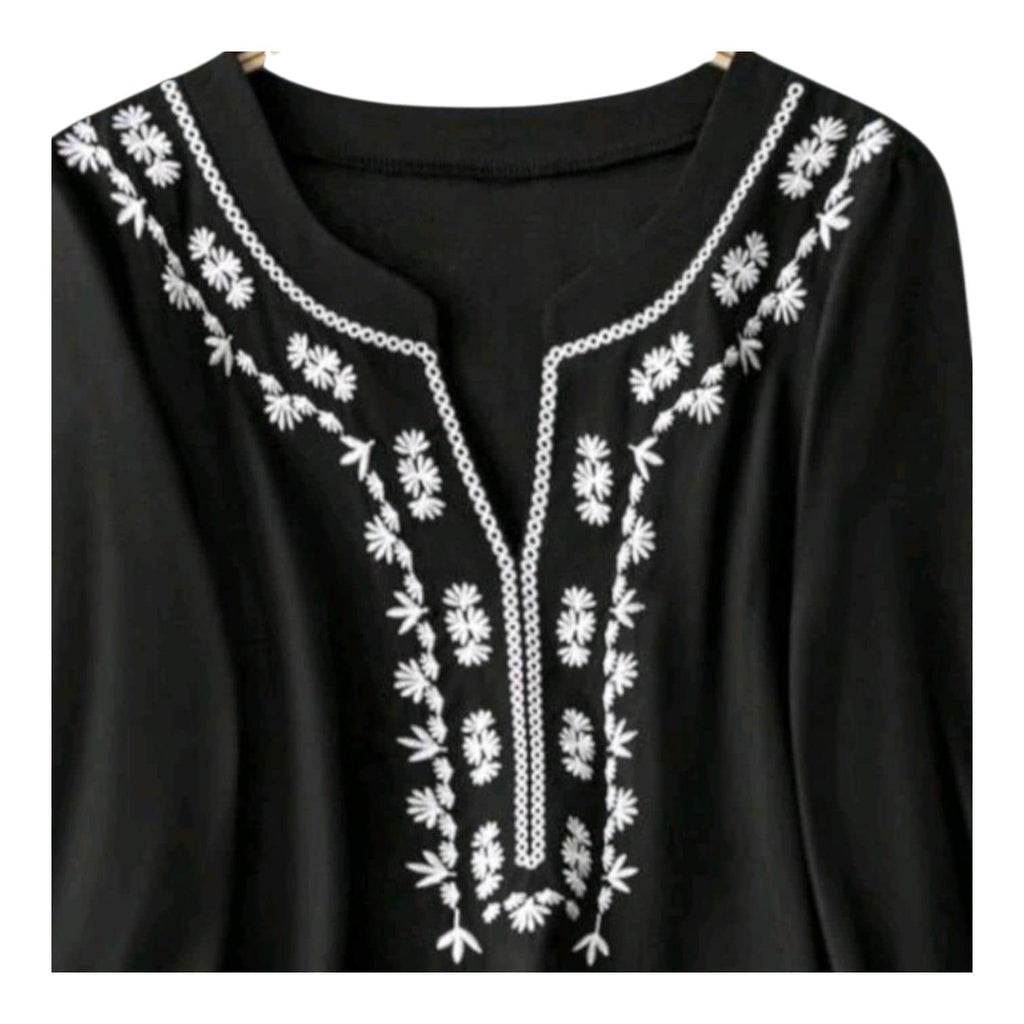 Oversized Boho Top Black White Embroidered Blouse, Loose Flowy Hippie Style 20 (4XL)