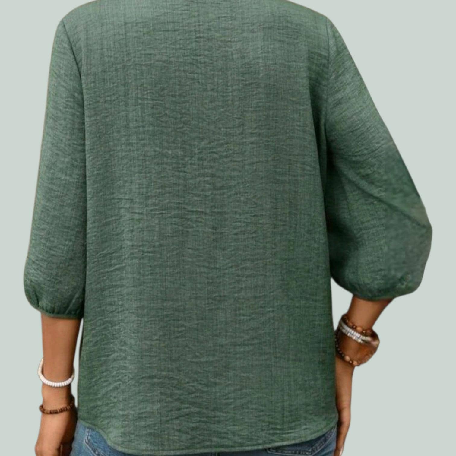 Green Boho Flowy Pleated Top – V-Neck, 3/4 Sleeves – Elegant Bohemian Style – Size L