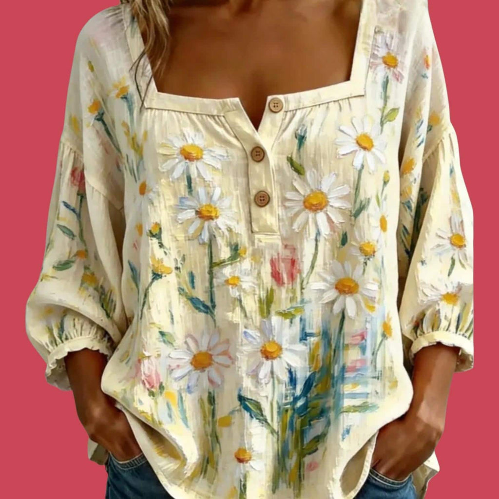 Boho Yellow Hippie Blouse — Square Neck, 3/4 Drop Shoulder Sleeves | Loose Peasant Top | Women's XL