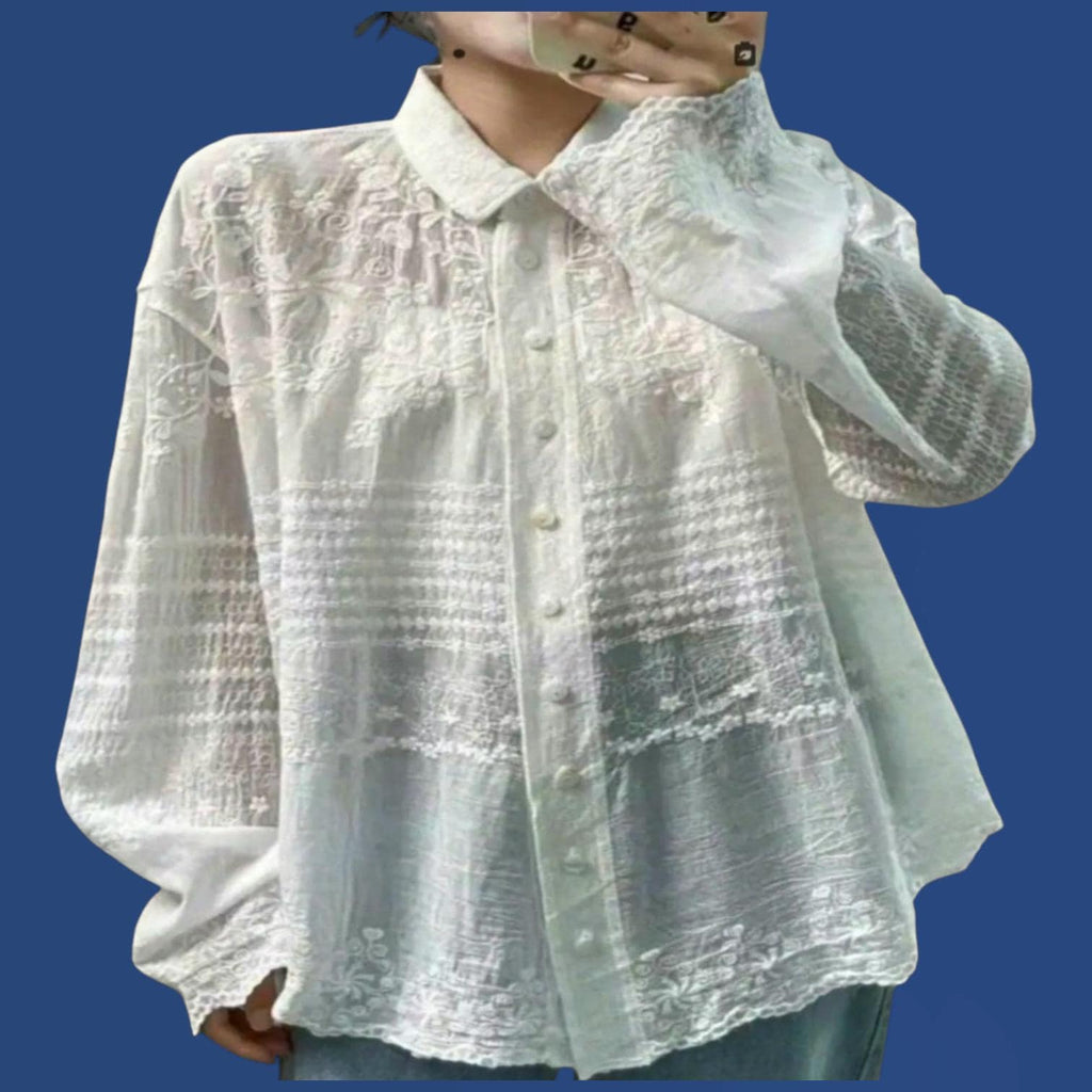 White Boho Blouse | 100% Cotton Button-Down Flowy Top | One Size