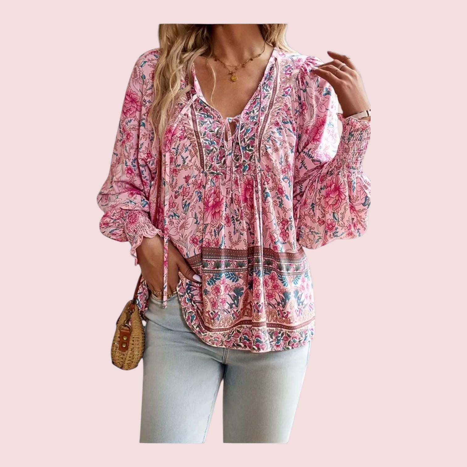 N-Pink Floral Chiffon Boho Blouse – V-Neck with Tie Closure, Long Sleeves – Elegant Bohemian Style – Size XXL