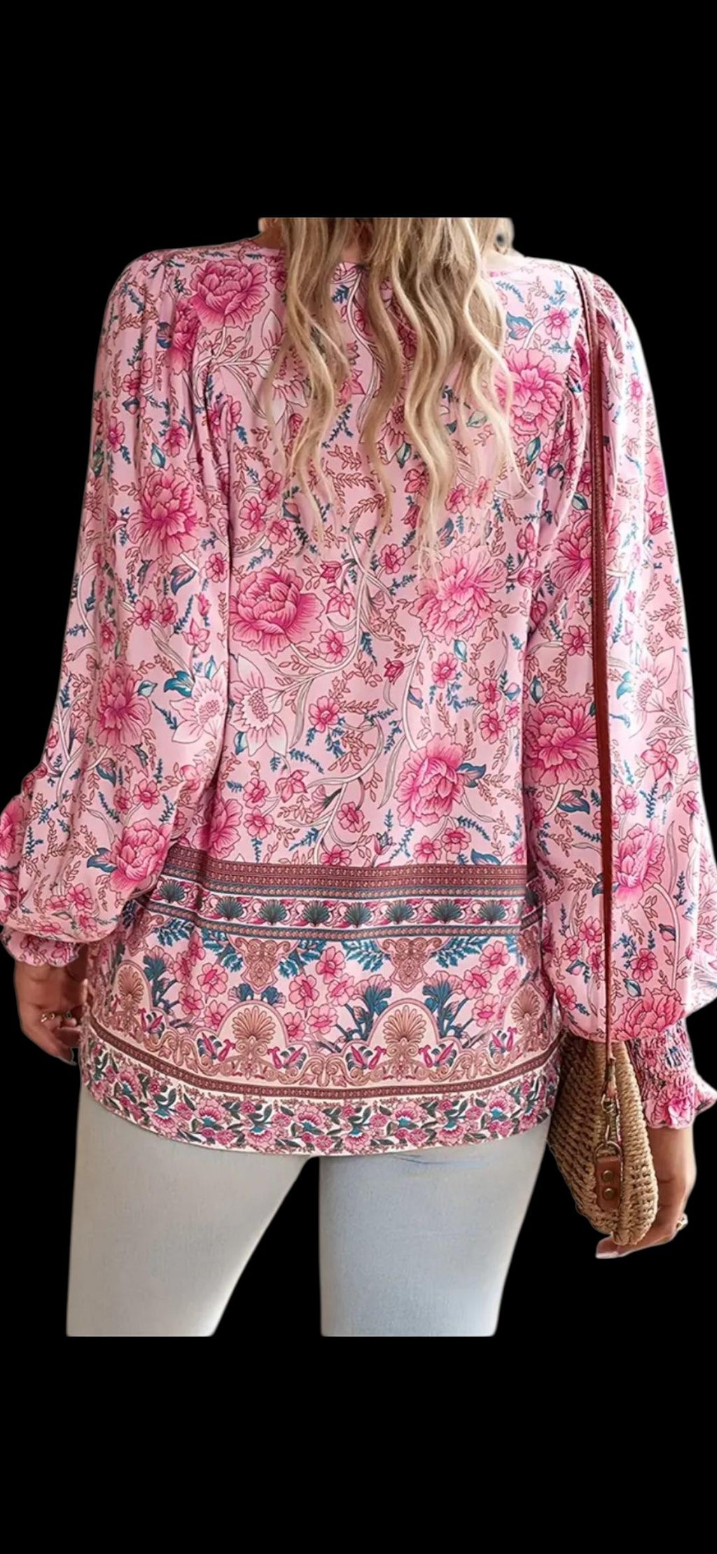 Women's Floral Boho Blouse | Relaxed Fit Babydoll Top, Long Sleeves, V-Neck – Size XXL