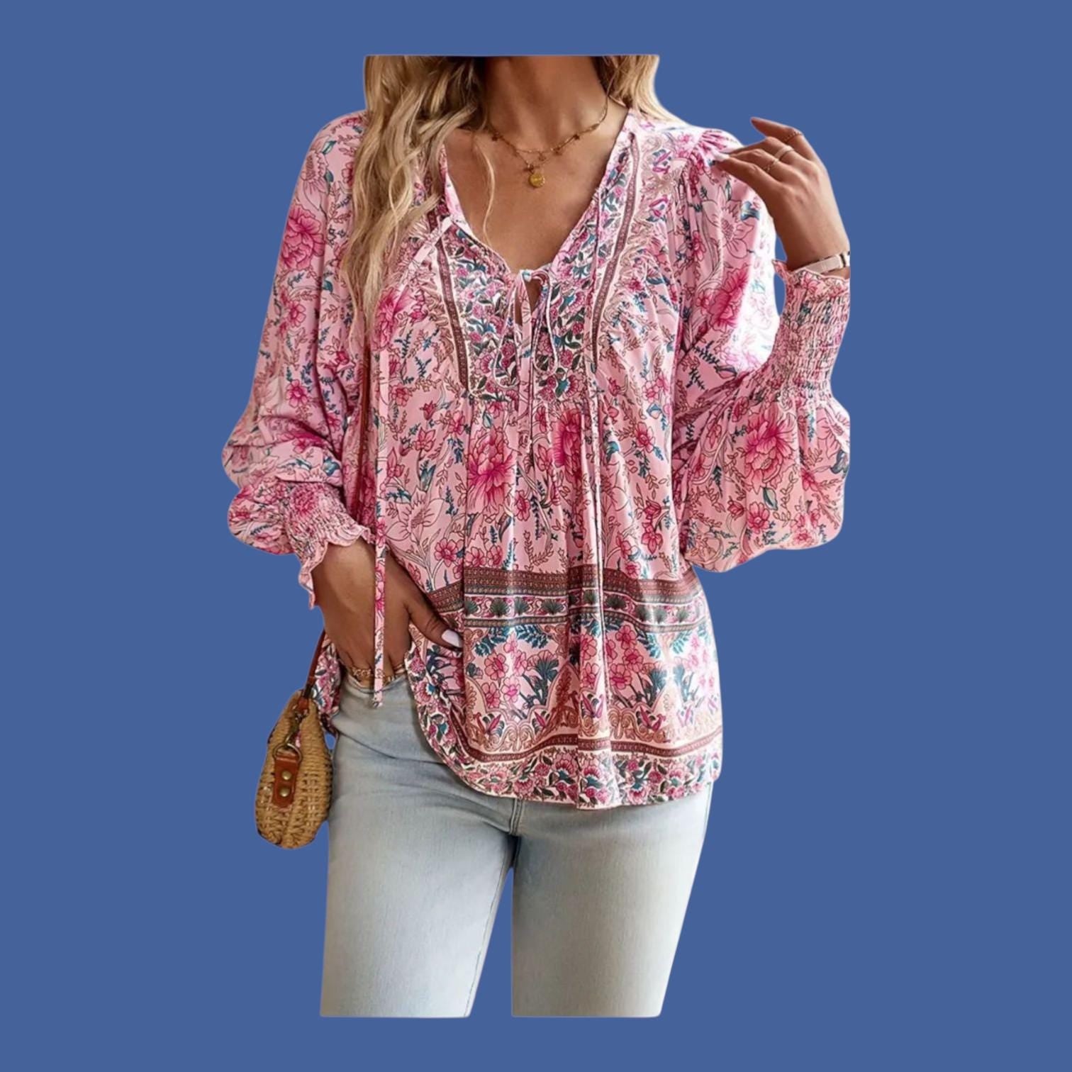 Women's Boho Pink Floral Blouse | V-Neck Long Sleeve Flowy Top – Size M