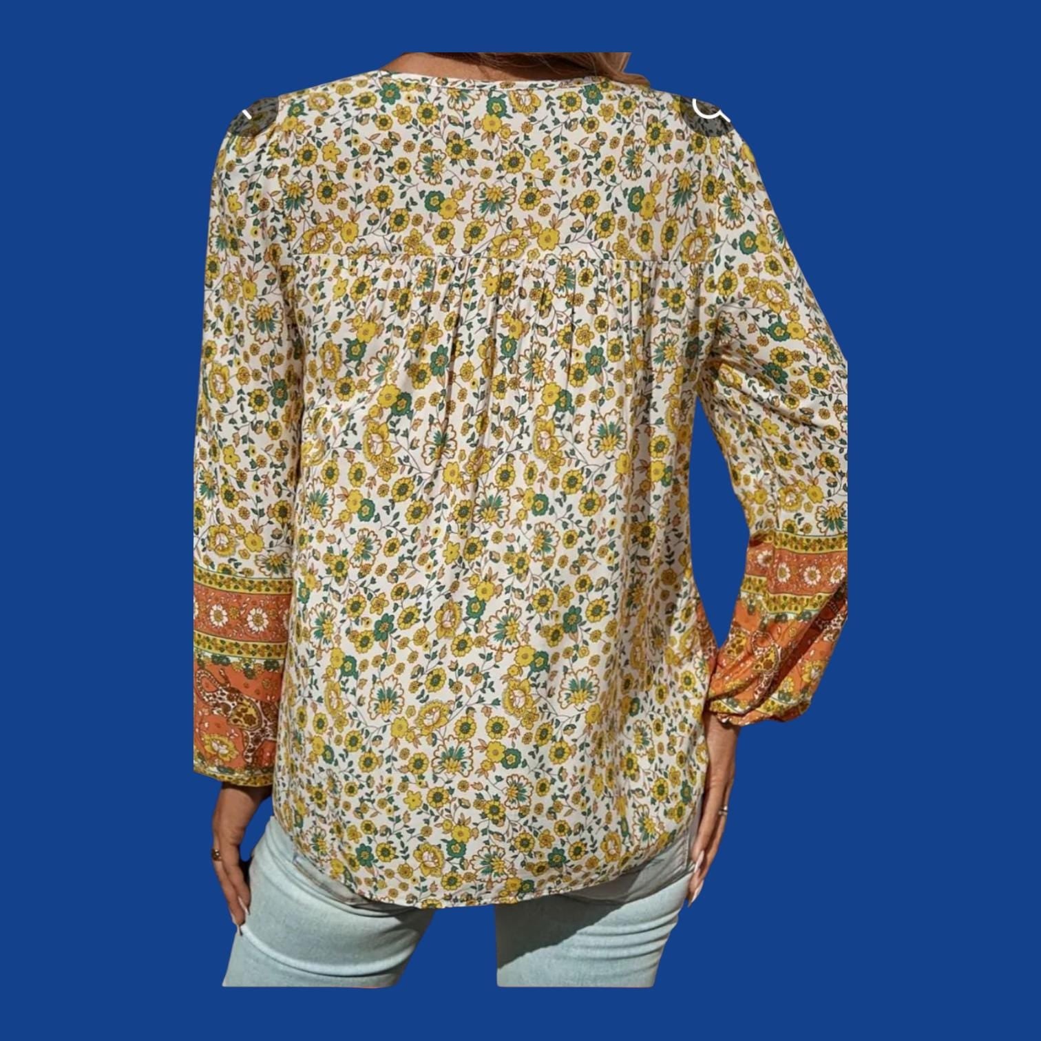 Boho (L) Women's Top Orange/Yellow, Hippie Casual Free-Spirit, Long Sleeves, Flowy, V-neck With Ties.