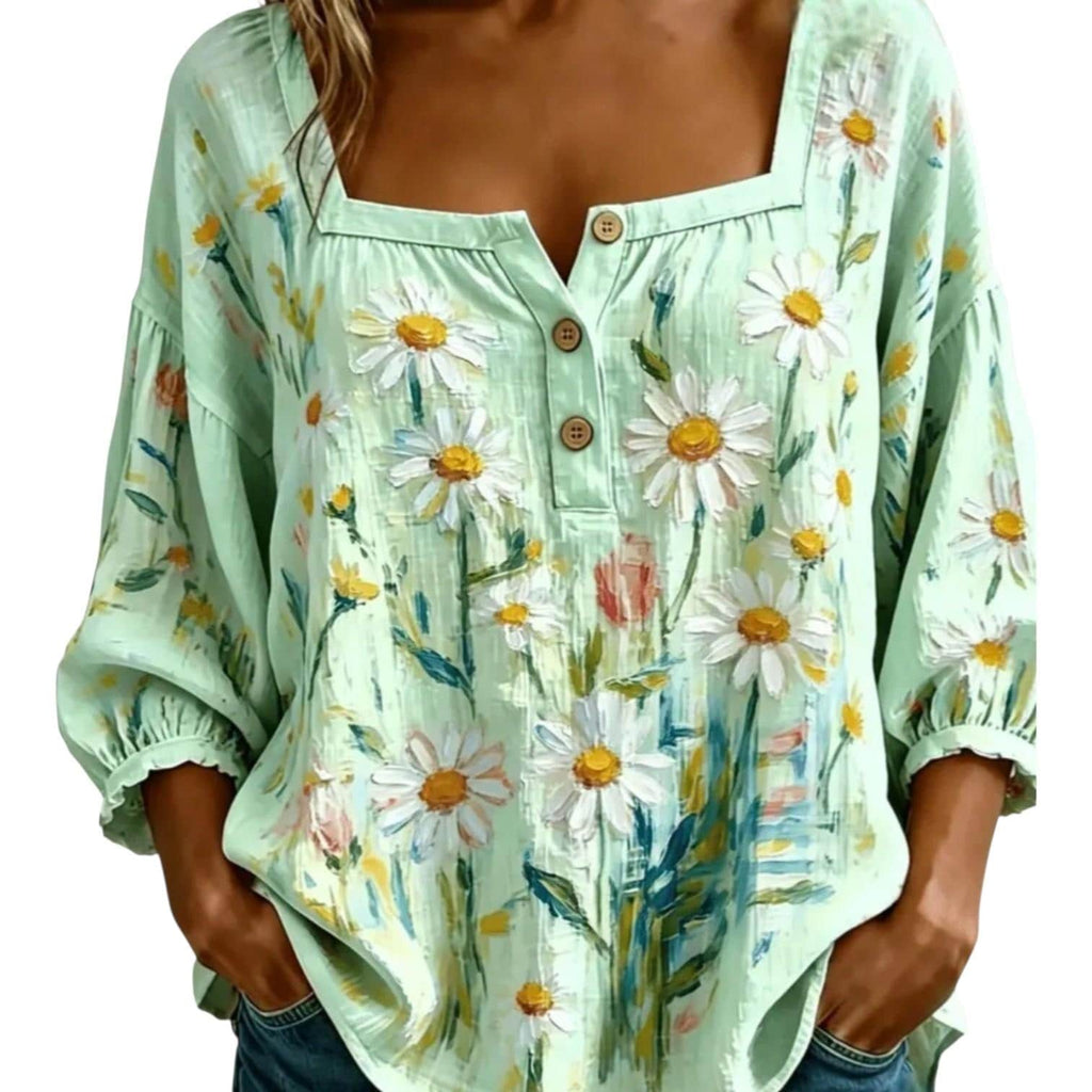 Women's Mint Daisy Print Boho Blouse | Boutique Floral Flowy Top – Size L