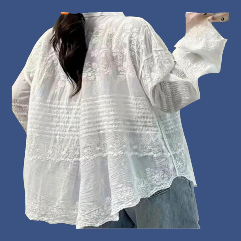 Women's White Cotton Boho Blouse | Button-Down Flowy Top – One Size