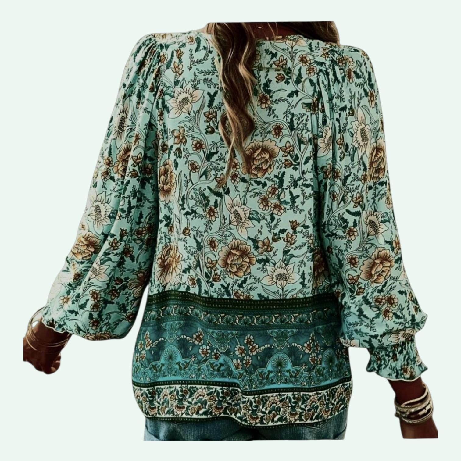 Women's Green Boho Blouse – Flowy V-Neck with Lace-Up Ties, Long Sleeves – Size L