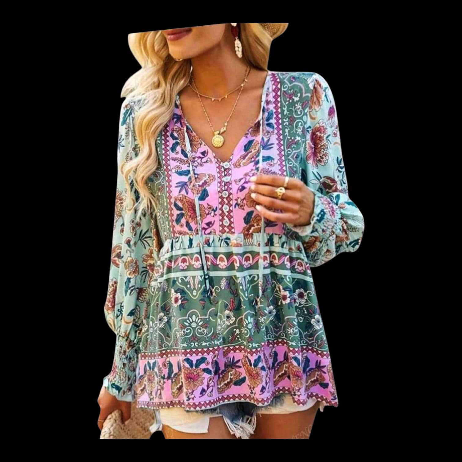 Women's Boho Peplum Tunic Top | Pink Blue Floral, V-Neck with Tassels & Buttons – Size XL