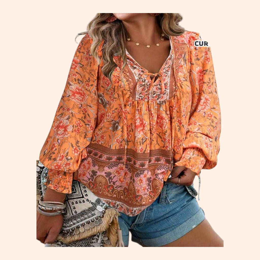 Women's Plus Size 4XL Boho Floral Blouse | Tangerine Orange Hippie Long Sleeve Top