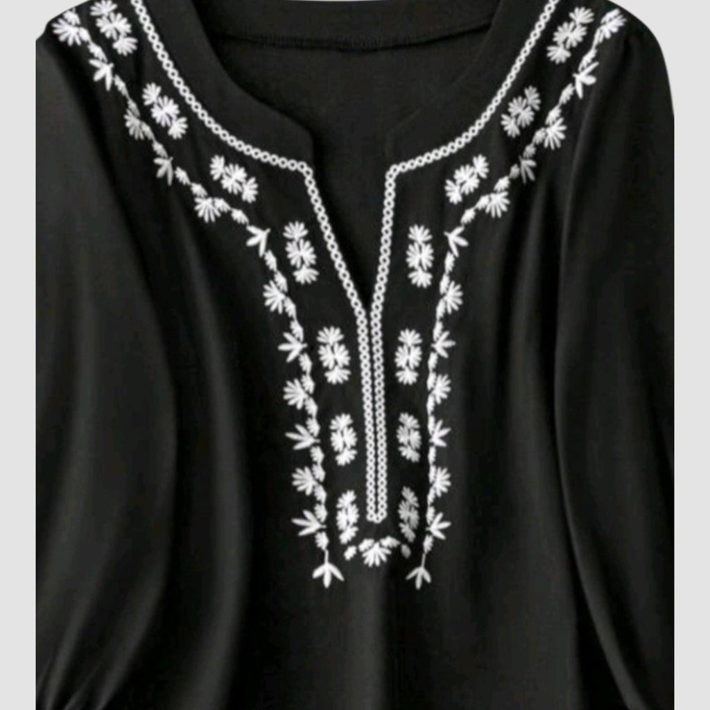 Boho Black Blouse with White Embroidery – 3/4 Bishop Sleeves, Relaxed Fit | Plus Size 16 (2XL)