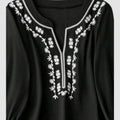 Boho Black Blouse with White Embroidery – 3/4 Bishop Sleeves, Relaxed Fit | Plus Size 16 (2XL)