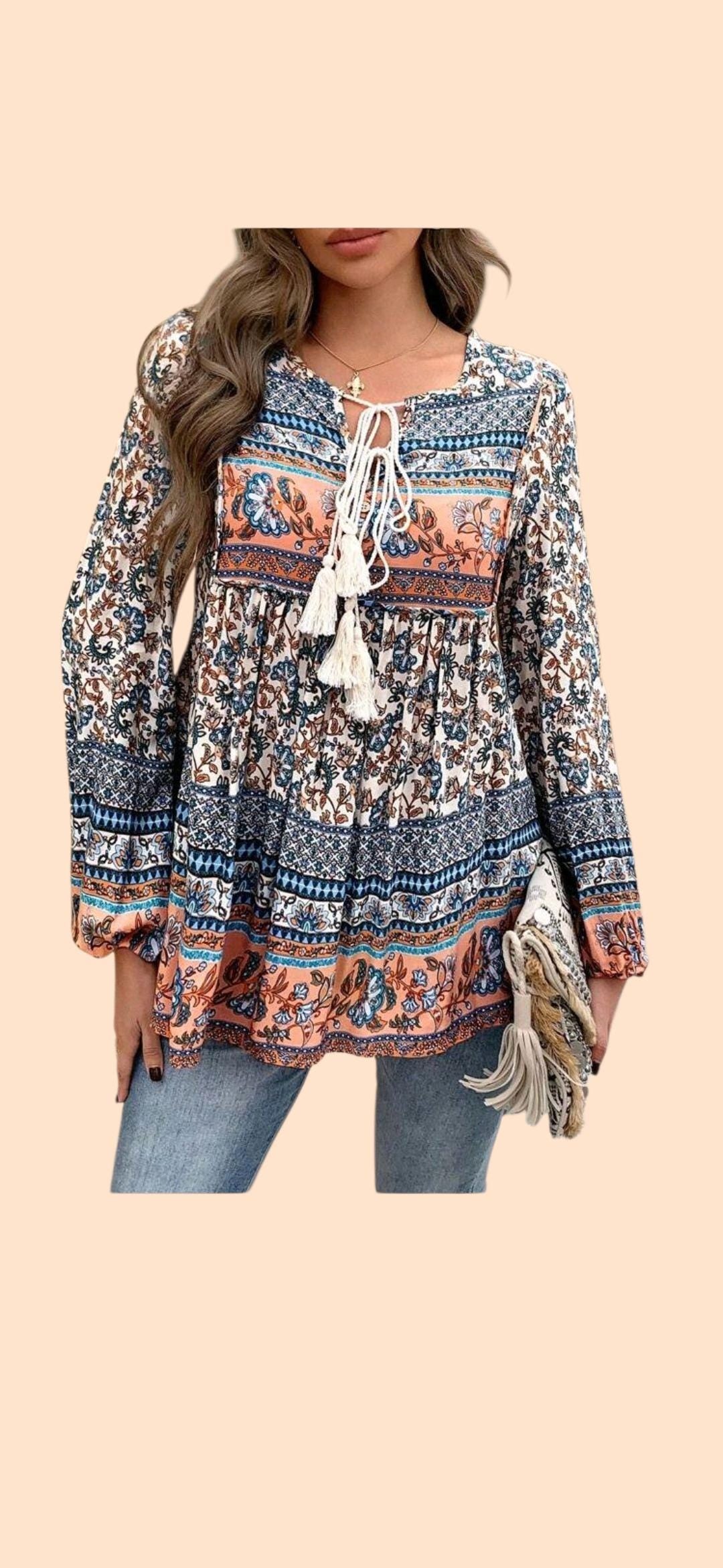 Women's Boho Blue & Peach Flowy Blouse | Long Sleeve Tie-Neck Top – Size L
