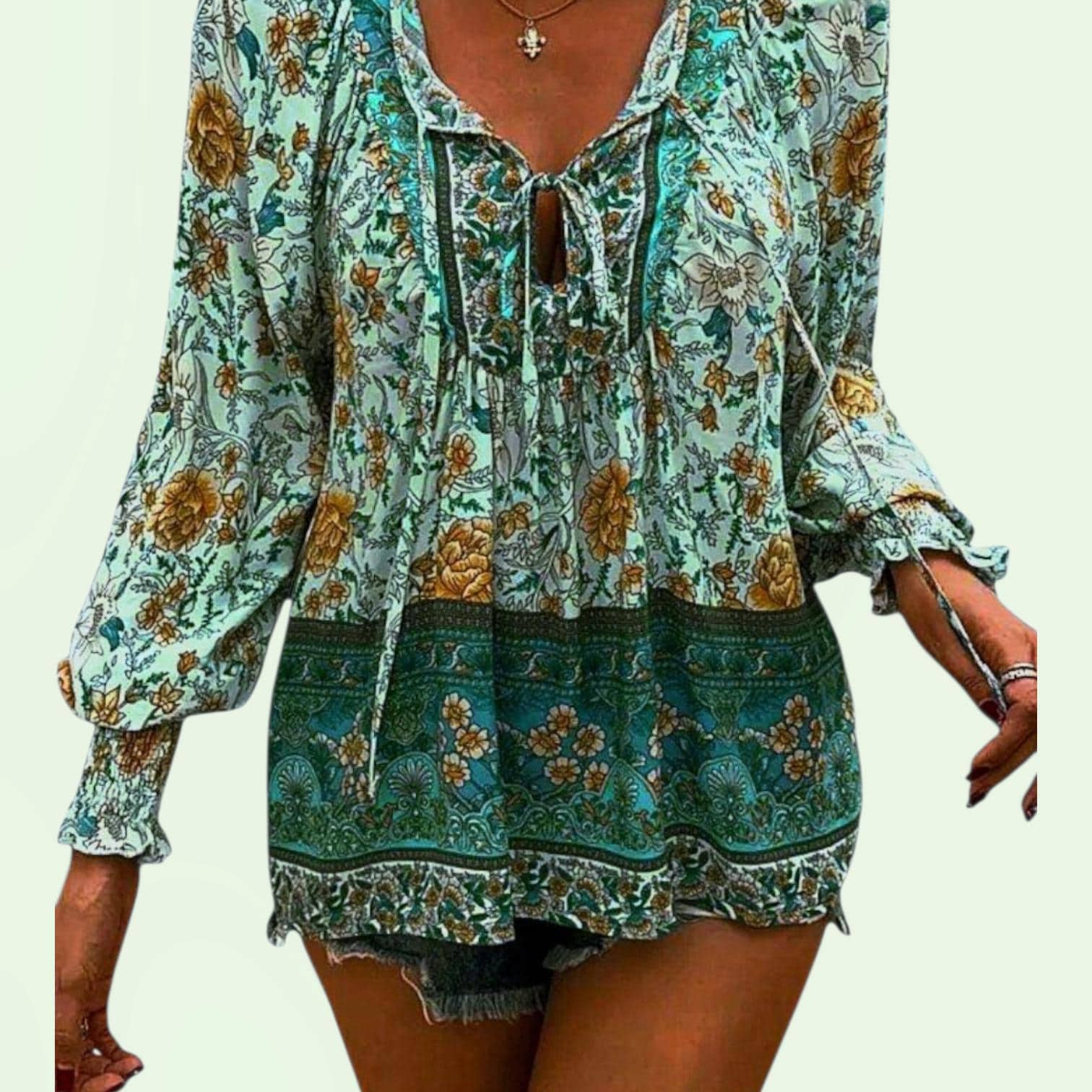 Boho Green Flowy Peasant Blouse – Hippie V-Neck with Ties – XL