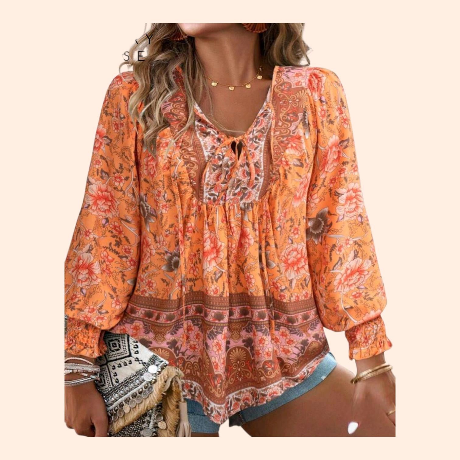 Boho Tangerine Orange Floral Blouse – Long Sleeves with Tie Detail, Relaxed Fit | Plus Size 18 (3XL)