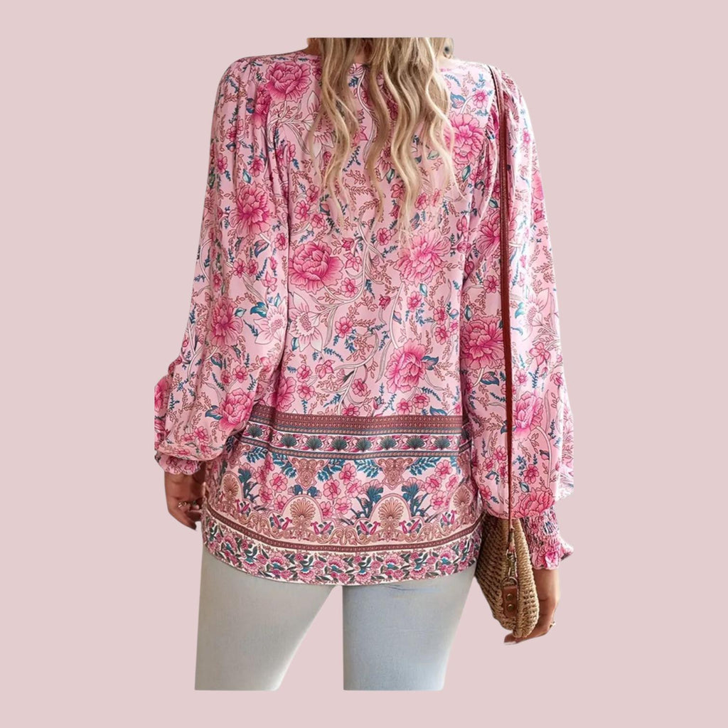 Pink Boho Flowy Blouse – V-Neck, Long Sleeves, Loose Relaxed Fit – Elegant Bohemian Style – Size L
