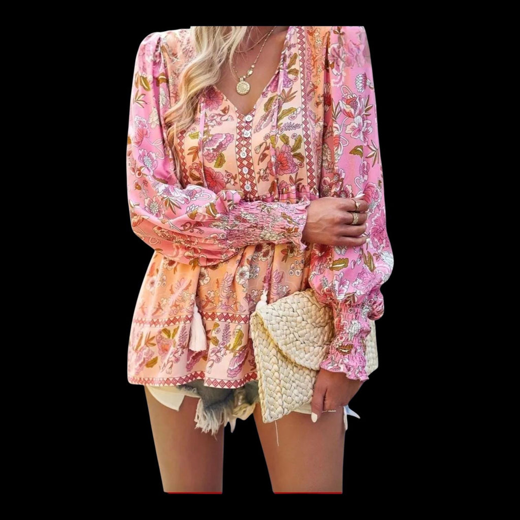 Boho Plus Size 22 (5XL) Pink and Peach Floral Print Blouse: Women's Relaxed Fit Tunic casual Hippie Top