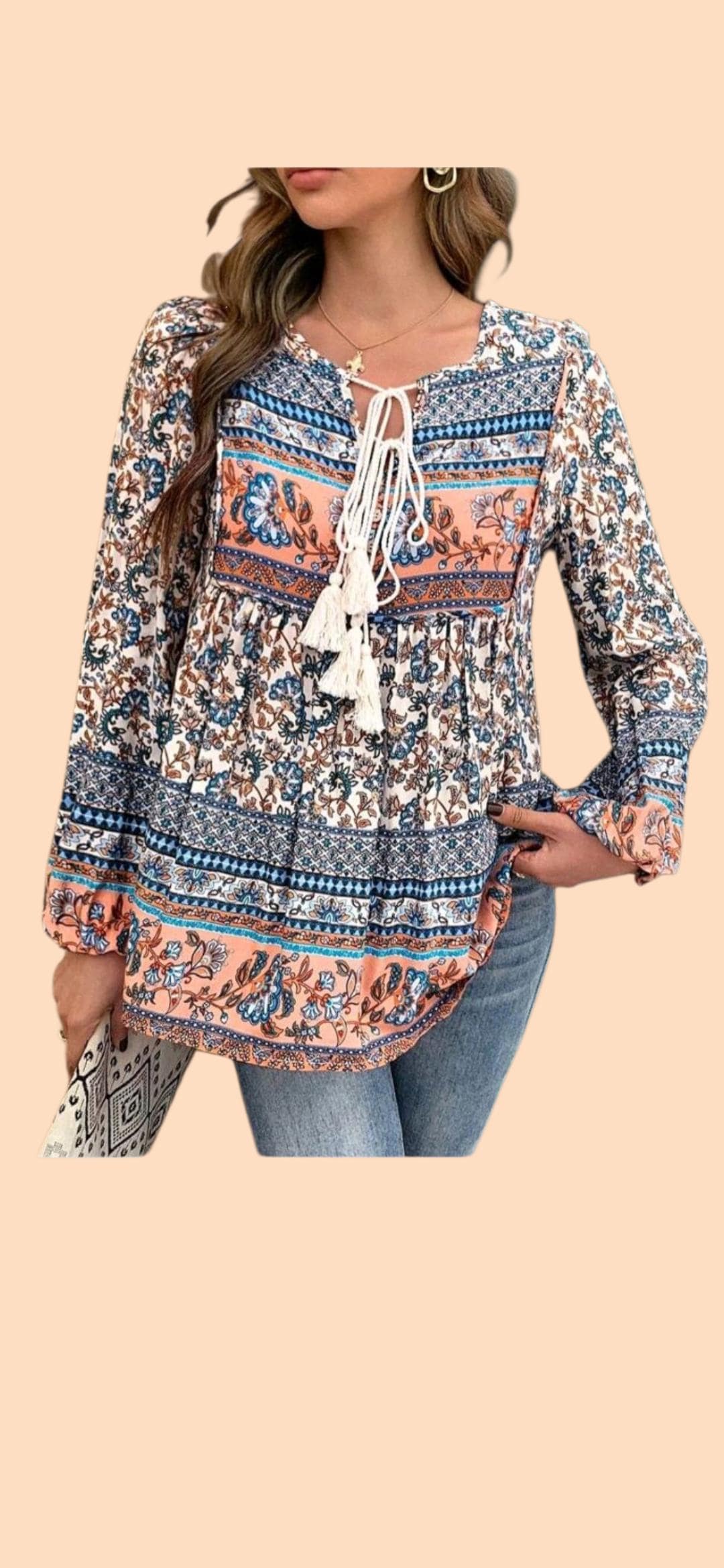 Women's Boho Peplum Blouse | Flowy Long Tunic Top – Size L