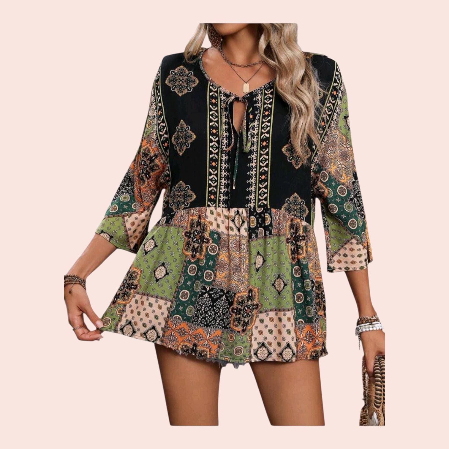 Women's Boho Patchwork Peplum Tunic – 3/4 Sleeve Tie-Front Top – XL
