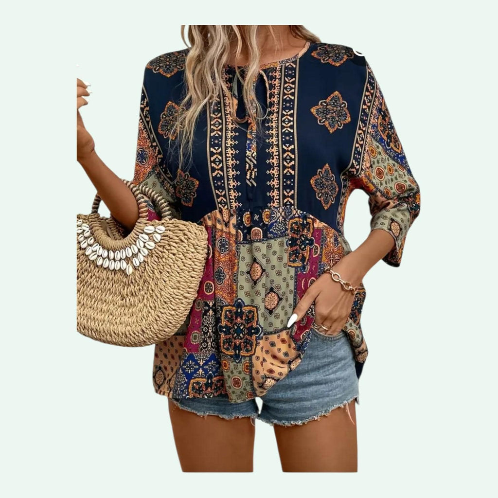 Women's Boho Patchwork Blouse | Tunic Top Hippie Chic – Size L