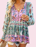 Women's Pink & Blue Boho Top – Tassel V-Neck Long Sleeve Bohemian Tunic – Size XL