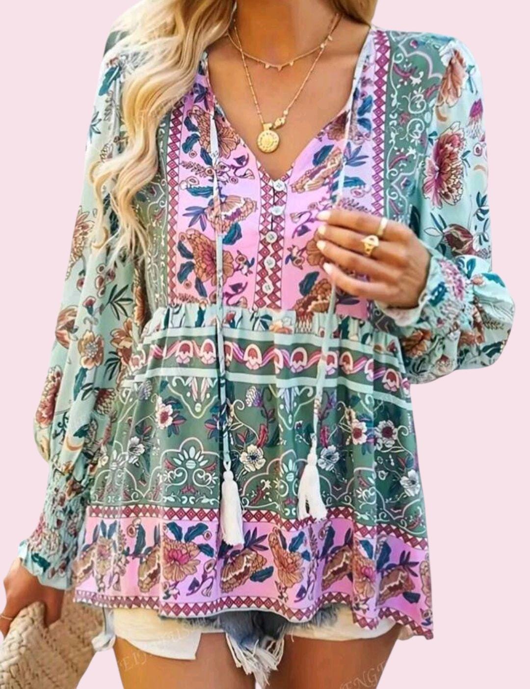 Women's Pink & Blue Boho Top – Tassel V-Neck Long Sleeve Bohemian Tunic – Size XL