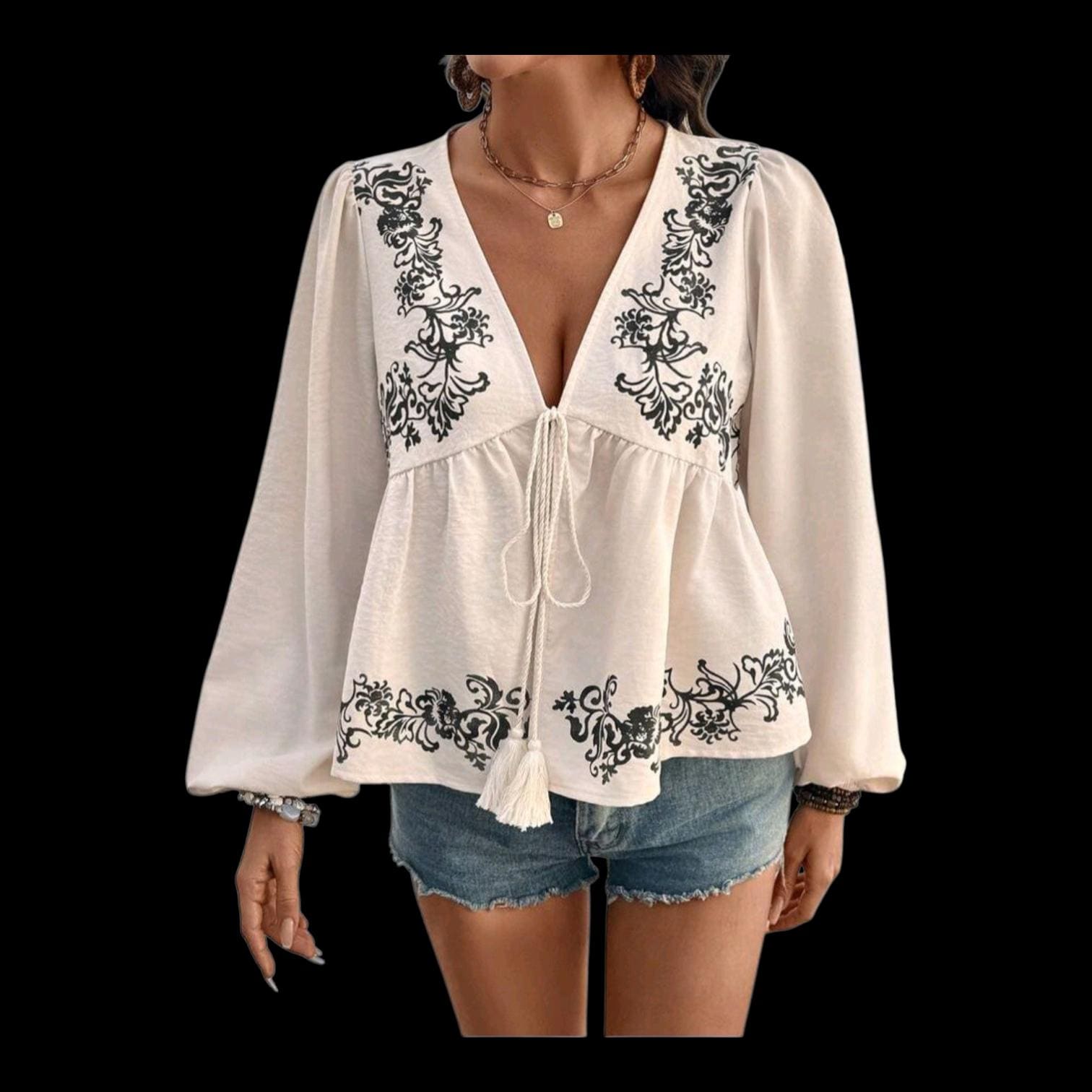 Women's Boho Blouse | Ivory Split Front Tassel Tie, Long Sleeve Top (L)