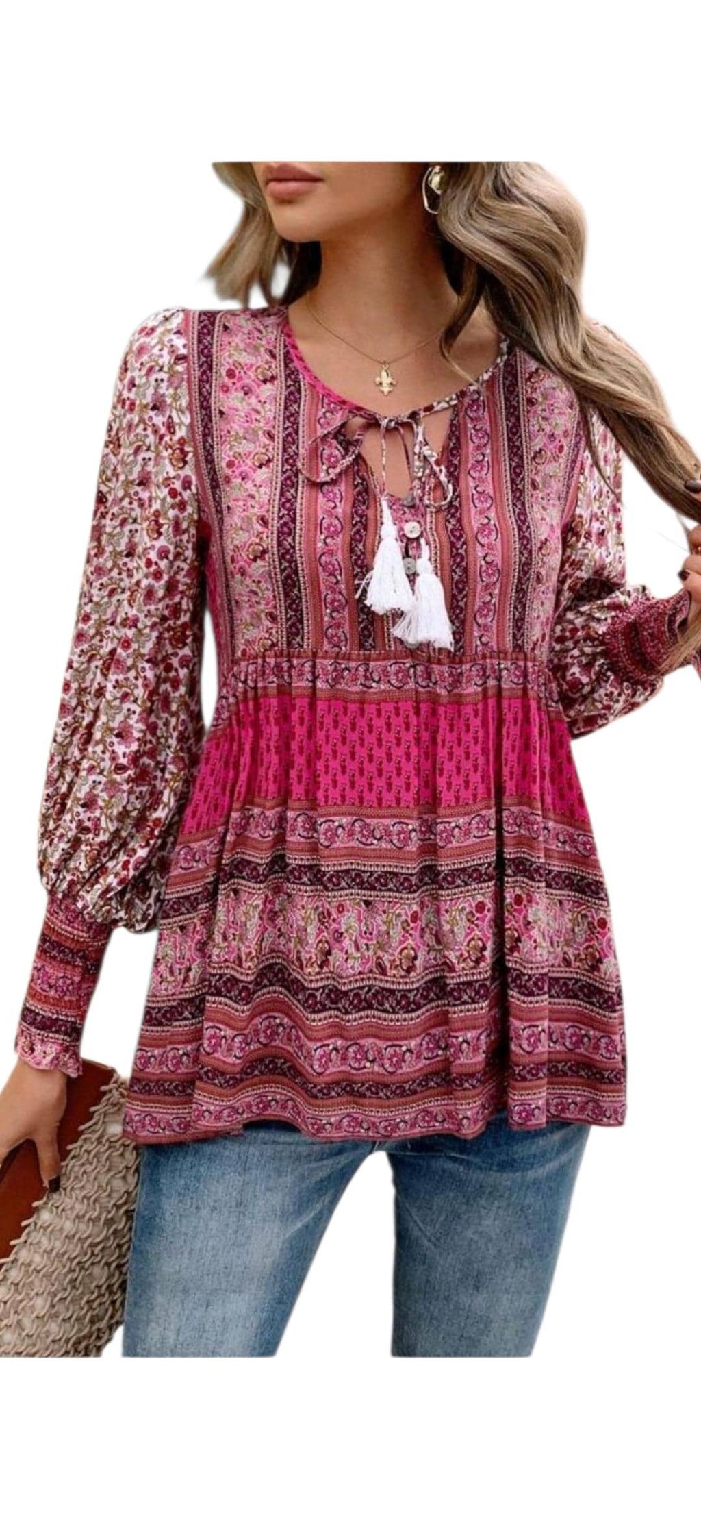 Women's Boho Rose Pink Peplum Blouse | V-Neck Tassel Detail Long Sleeve Tunic – Size XL