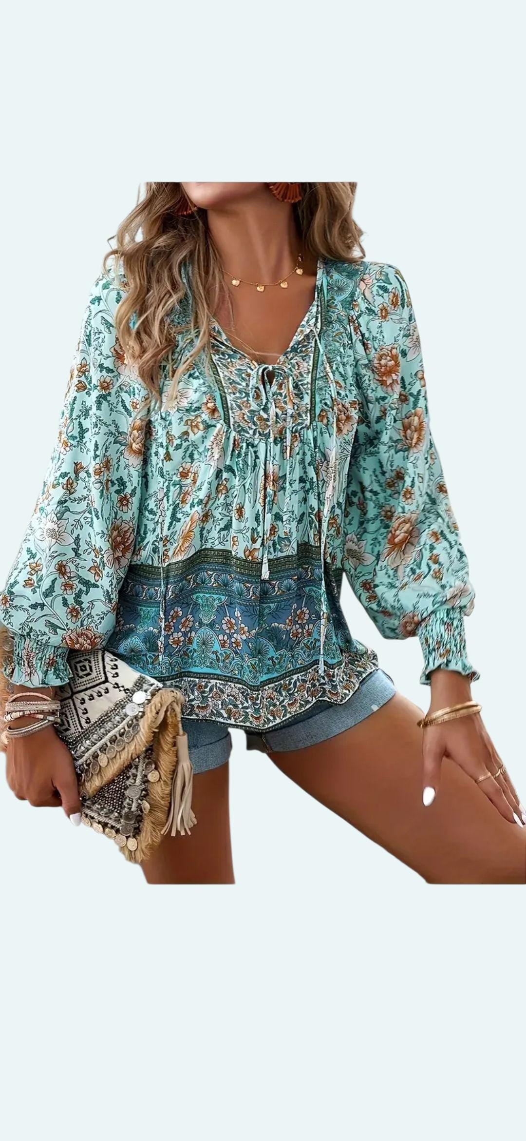 Women's Boho (L) Top - 70's Hippie Style Blouse- Casual V-neck with Ties-