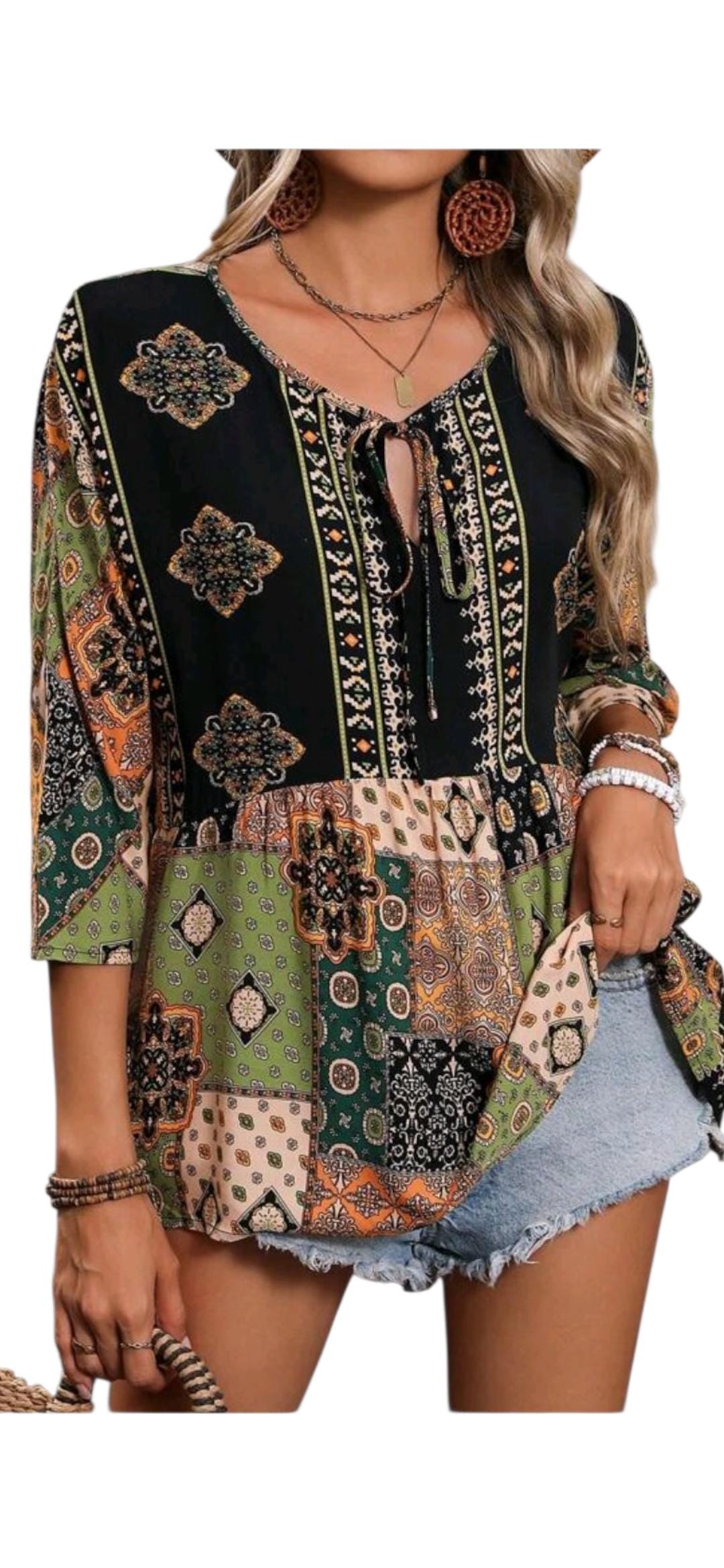 Women's Boho Patchwork Peplum Top | Fall Earth Tones & Jewel Colors, 3/4 Sleeve – Size L