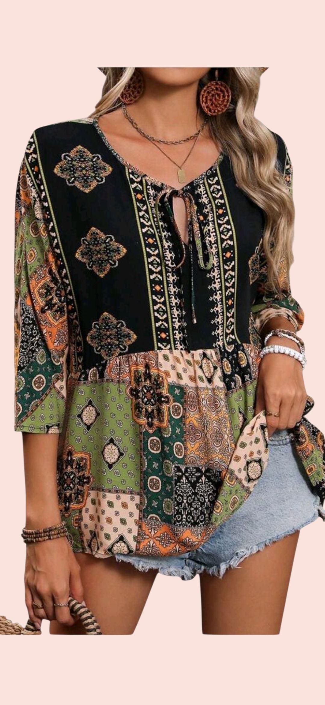 Women's Boho Patchwork Peplum Tunic – 3/4 Sleeve Tie-Front Top – XL