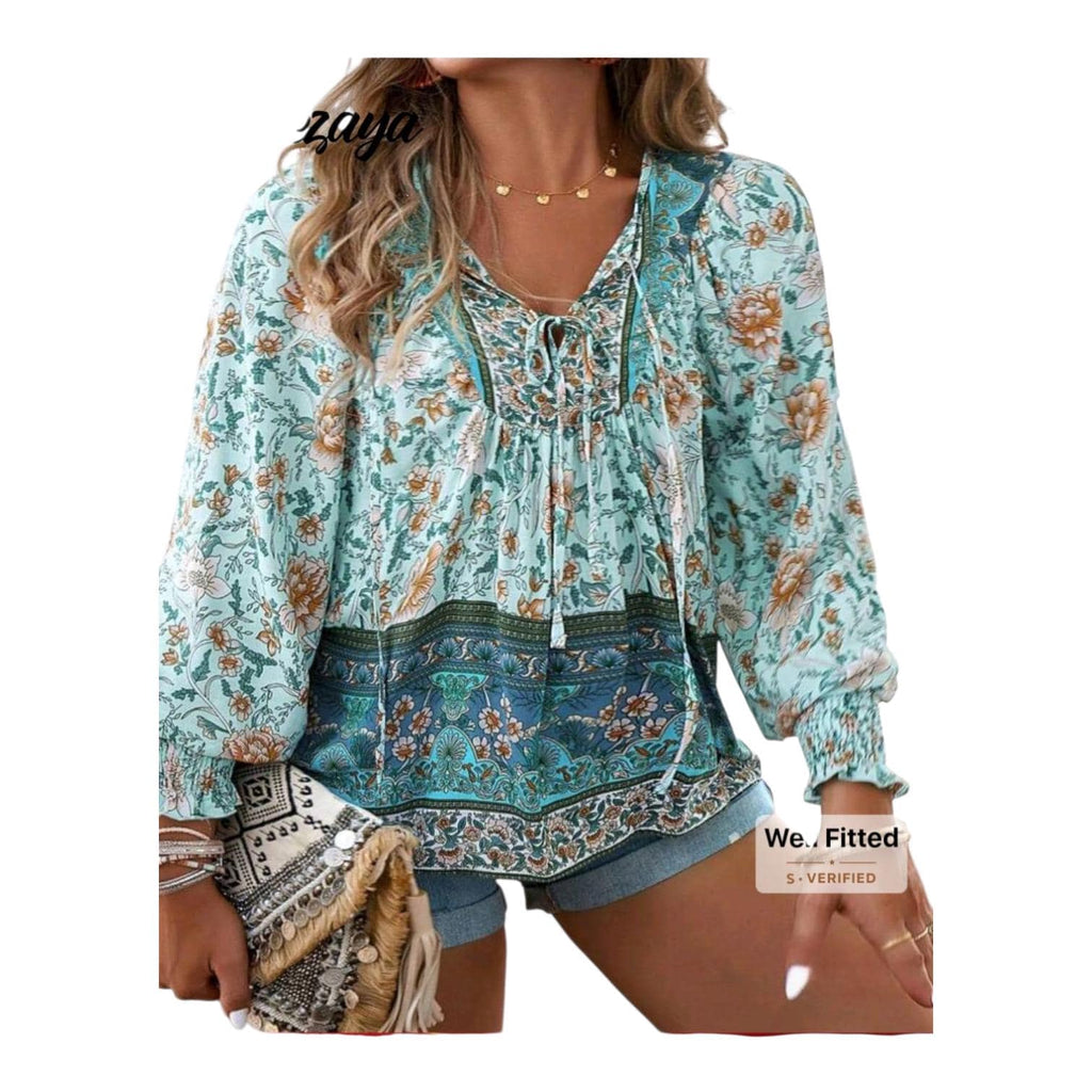 Bohemian Blue Blouse | V-Neck Lace-Up Long Sleeve Boho Top | Size Large