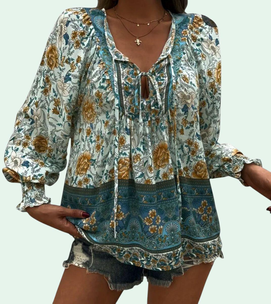Women's Boho Green Peasant Top | V-Neck Long Sleeve 70s-Inspired Tunic – Size M