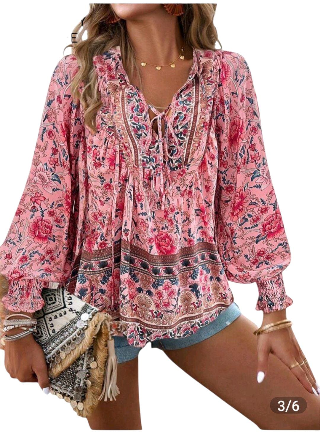 Women's Boho Pink Floral Peasant Blouse | V-Neck Long Sleeve with Ties – Size M