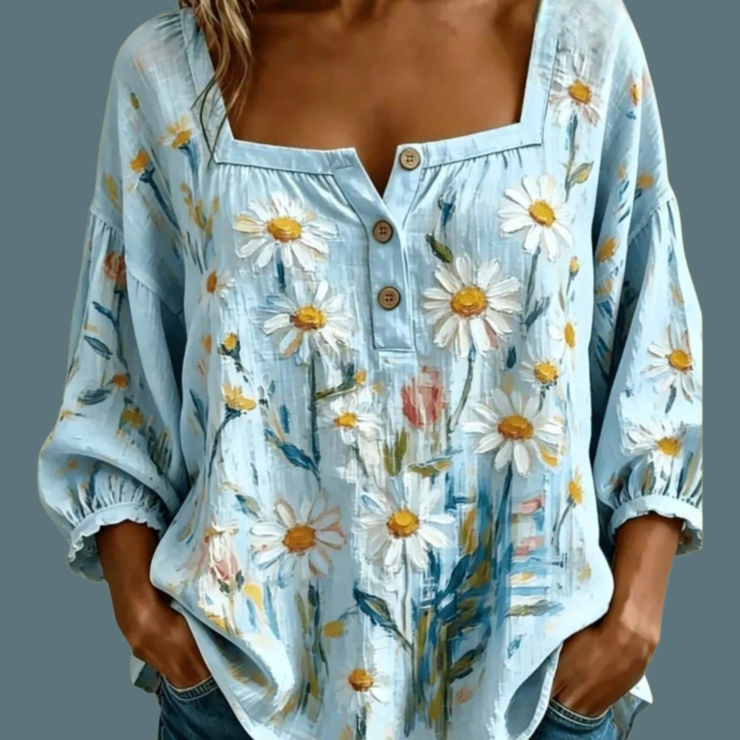 Women's Blue Daisy Boho Blouse – Square Neck, 3/4 Sleeve, Relaxed Fit – Size XL