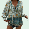 Women's Green Boho Blouse – Flowy V-Neck with Lace-Up Ties, Long Sleeves – Size L