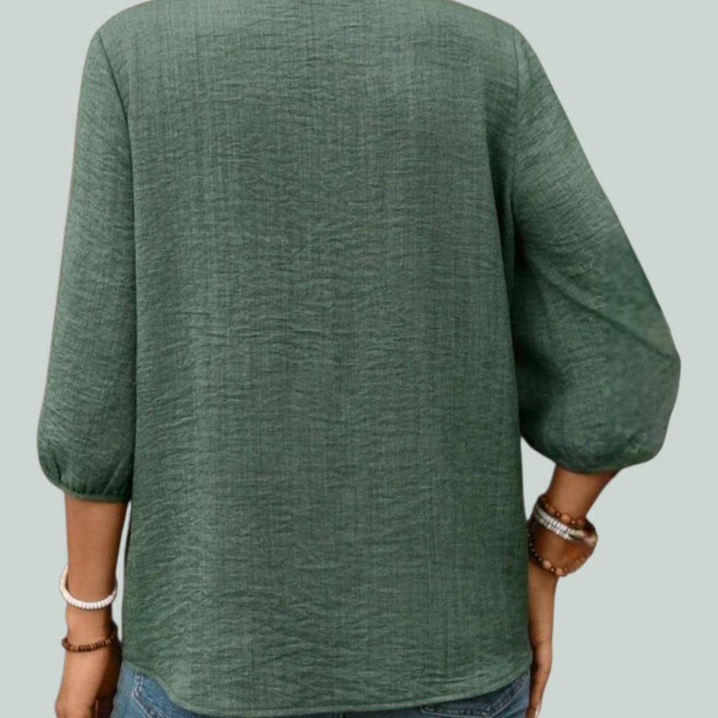 Green Boho Blouse with Pleated Bodice – Flowy V-Neck, Elegant Bohemian Style – Size XL