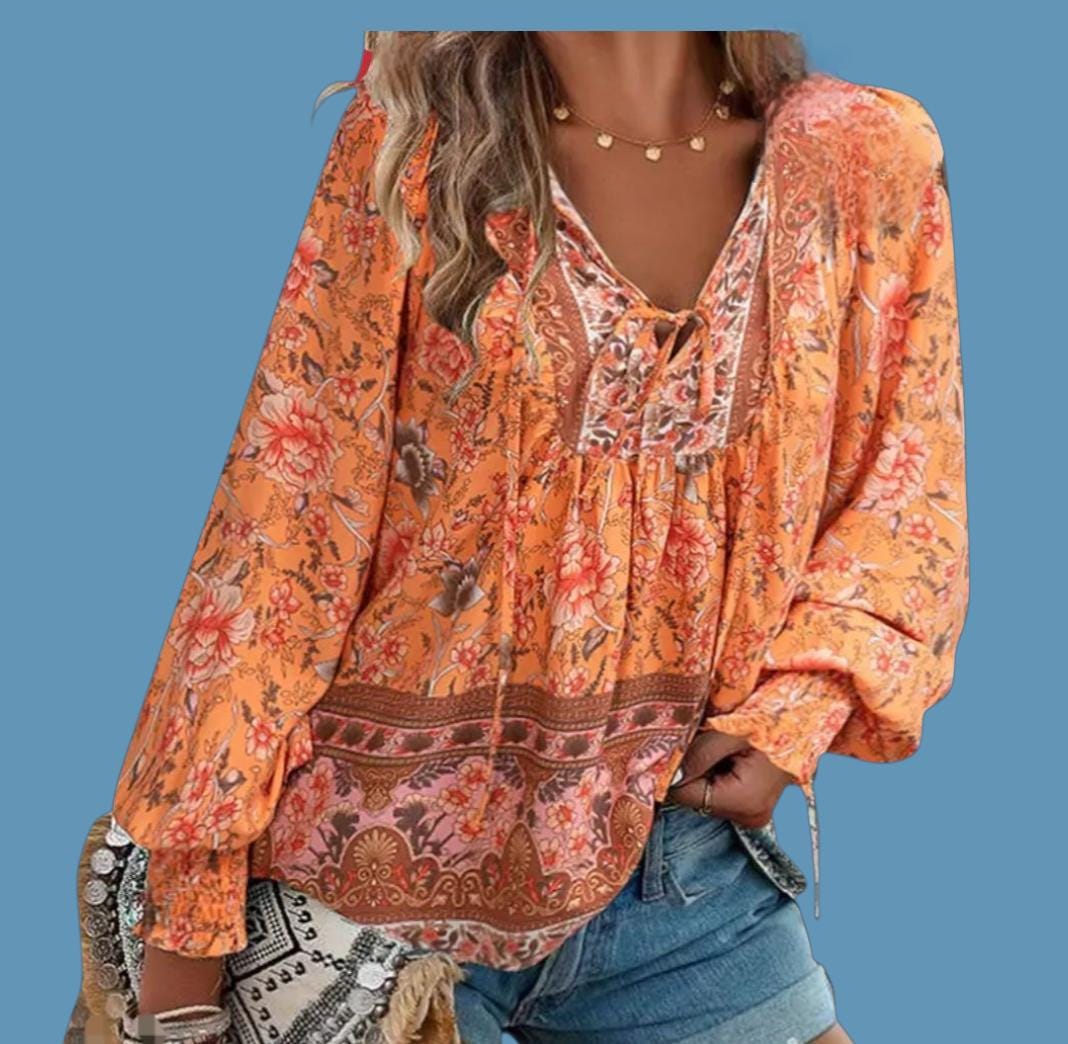 Women's Boho Blouse – Orange Floral Long Sleeve Top, Flowy Hippie Style | Size XL