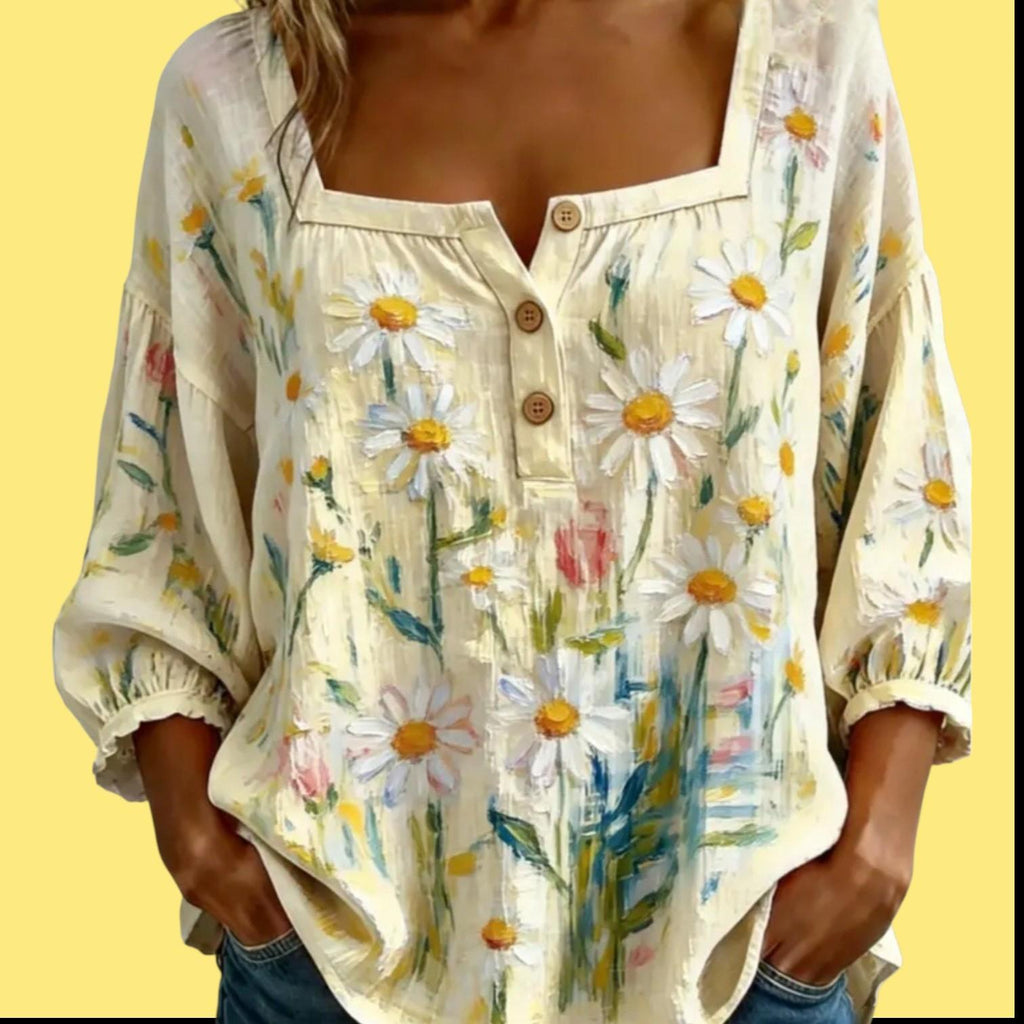Boho Yellow Babydoll Blouse — 3/4 Drop Shoulder Sleeves | Square Neck Peplum Top | Women's Size L